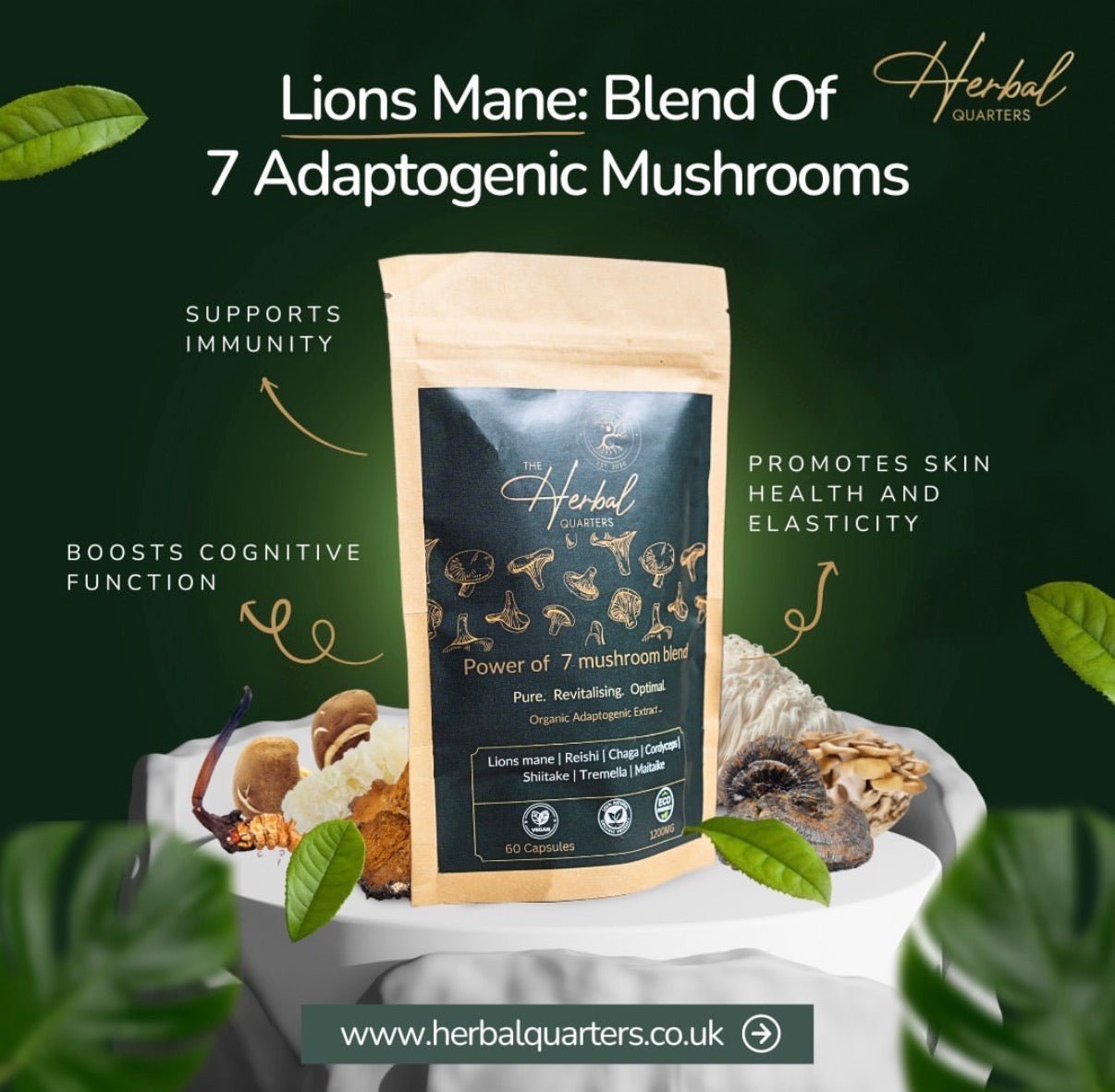 Lions Mane: Blend Of 7 Adaptogenic Mushrooms (60 Capsules) - Herbal Quarters
