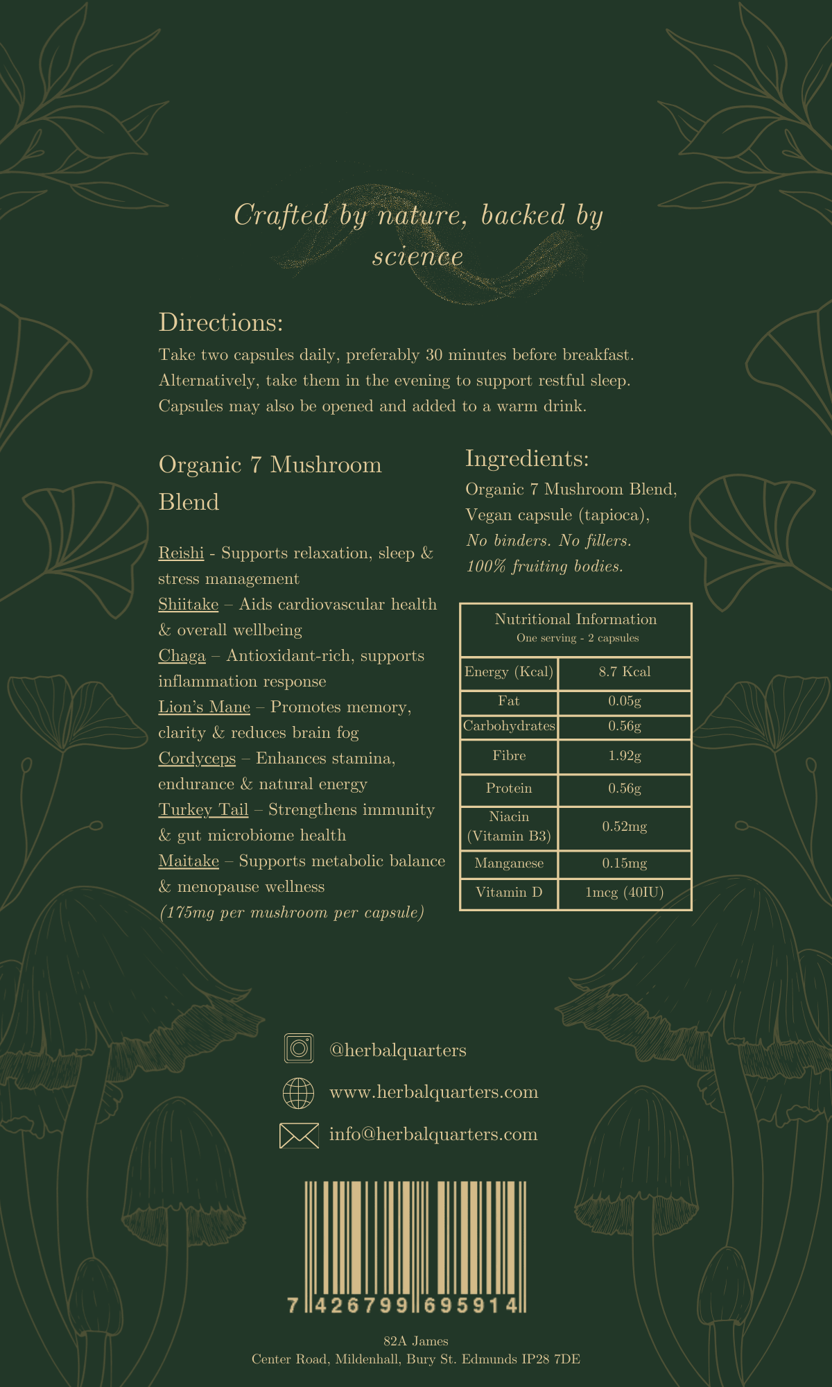 Lions Mane: Blend Of 7 Adaptogenic Mushrooms (60 Capsules) - Herbal Quarters